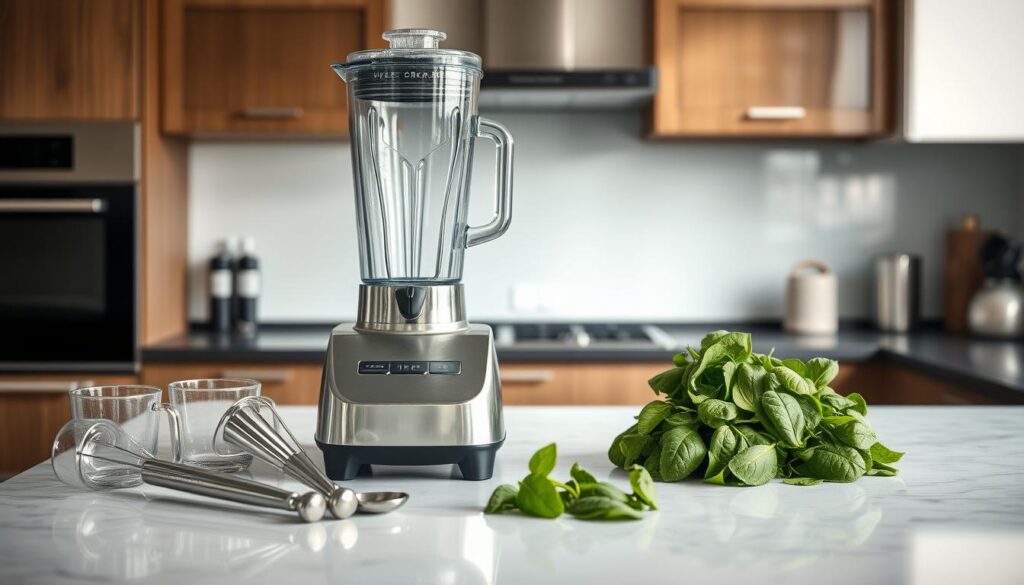 A pristine, modern kitchen countertop with a professional-grade blender, its sleek chrome body gleaming under soft, diffused lighting. Nearby, a neatly arranged set of blender accessories - measuring cups, tampers, and a selection of whole, fresh spinach leaves. The scene exudes an atmosphere of culinary expertise and attention to detail, guiding the viewer towards the optimal tools and ingredients for crafting a delectable spinach smoothie.
