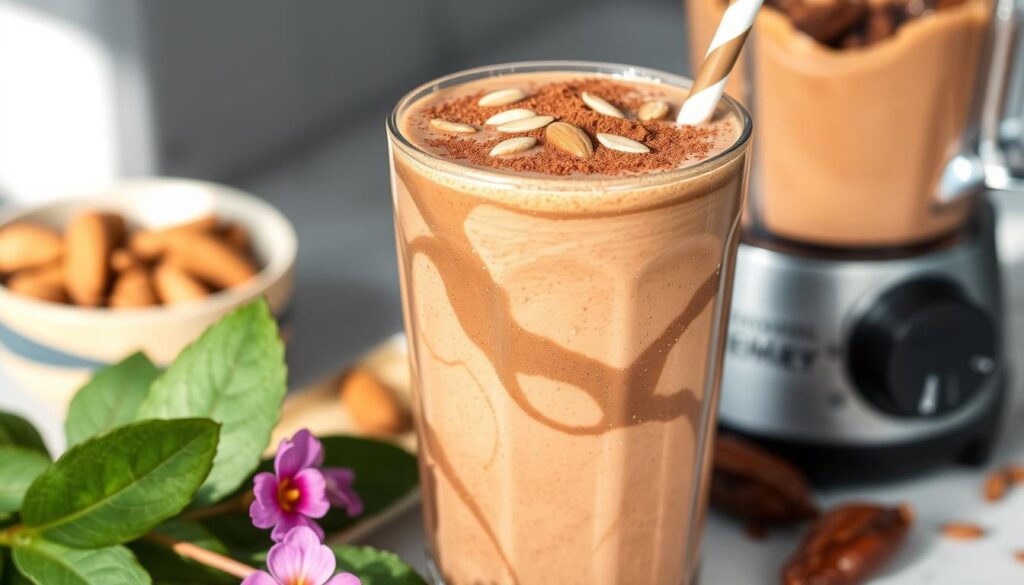 A rich, creamy chocolate almond butter smoothie swirling with a luxurious blend of cocoa, almond butter, and dates. Silky smooth texture, topped with a dusting of cacao powder and slivered almonds. Warm lighting casts a cozy glow, the glass's frosty condensation adding a refreshing touch. Strategically placed leaves and flowers in the foreground add a touch of nature's bounty, while the blender and ingredients in the background hint at the healthful origins of this decadent treat. An indulgent yet nourishing delight, perfect for a vegan pick-me-up.