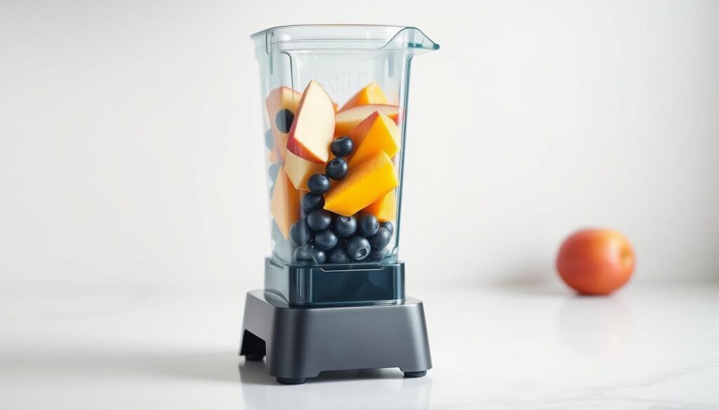 A sleek, high-powered blender stands on a pristine white countertop, its blades encased in a transparent glass pitcher filled with an array of frozen fruits - vibrant blueberries, crisp apple slices, and lush mango chunks. Soft, diffused lighting casts a gentle glow, highlighting the blender's polished chrome accents. The scene exudes a sense of culinary craftsmanship, promising a creamy, nutrient-dense smoothie that will elevate the hemp seed-infused beverage. The overall composition conveys a modern, minimalist aesthetic, perfectly suited to illustrate the "Equipment and Prep Tips for a Creamy Texture" section of the article.
