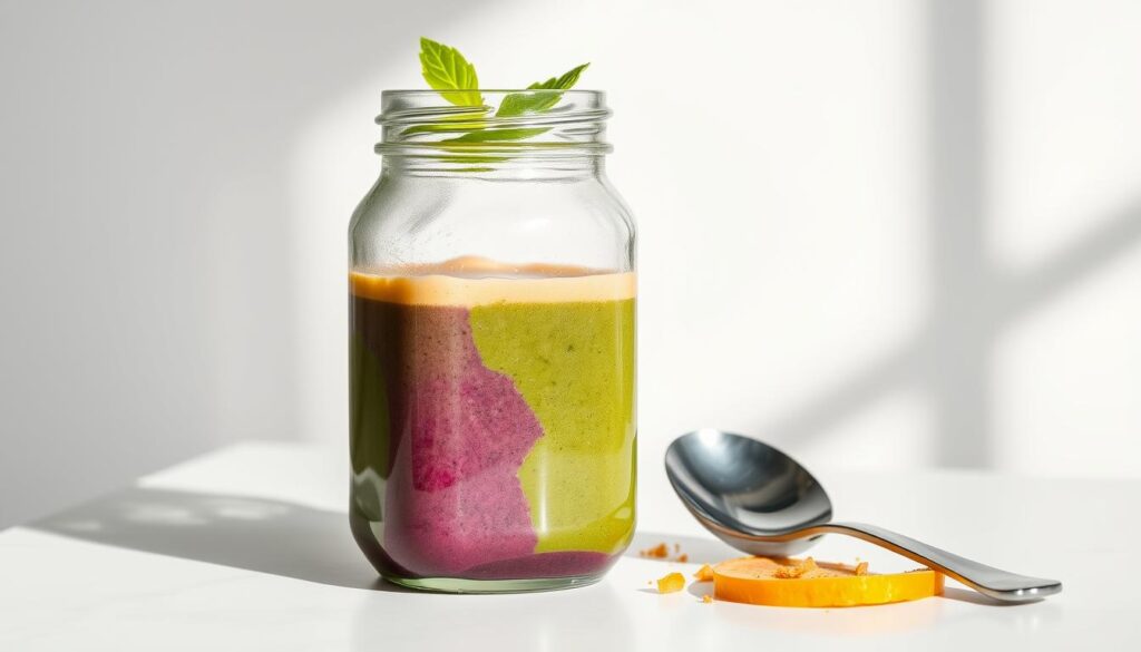 A sleek, modern glass jar filled with a vibrant layered smoothie, its vibrant hues of green, purple, and yellow creating a striking visual contrast. The jar is positioned on a minimalist white tabletop, with a spoon resting alongside, hinting at the delicious and nourishing contents. The lighting is soft and natural, casting gentle shadows and highlighting the jar's smooth, clean lines. The overall composition conveys a sense of effortless sophistication, perfectly capturing the essence of a make-ahead, storage-friendly smoothie that is both visually appealing and healthful.