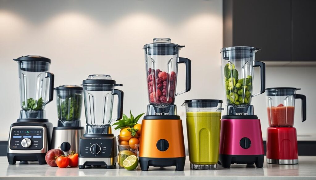 A sleek, modern kitchen counter showcases an array of high-performance blenders in a range of vibrant vegan-friendly colors - from classic black and stainless steel to bold shades of green, purple, and red. The blenders are positioned at various angles, their powerful blades and transparent pitchers hinting at their ability to effortlessly blend nutritious fruits, vegetables, and plant-based ingredients into smoothie perfection. Crisp, directional lighting highlights the blenders' clean lines and premium finishes, creating a professional, yet approachable atmosphere. The overall scene conveys a sense of culinary expertise and healthy, plant-based indulgence, perfectly suited for crafting recovery-boosting vegan smoothies.