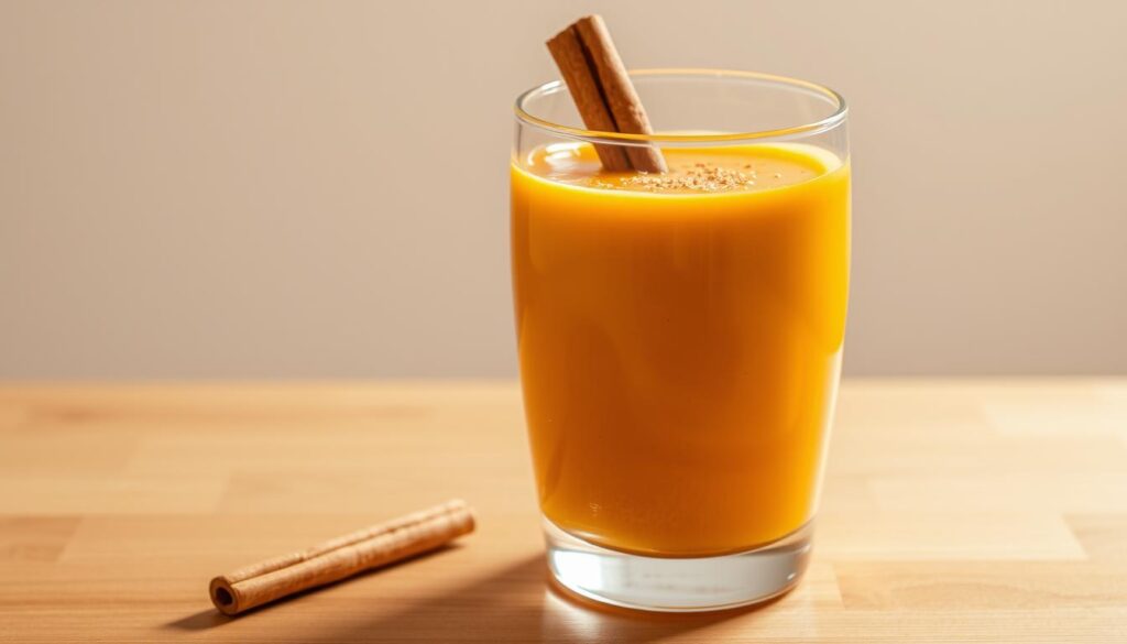 A smooth, creamy pumpkin smoothie in a glass, garnished with a cinnamon stick and a sprinkle of nutmeg. The smoothie has a vibrant orange color and a silky, velvety texture, reflecting the richness of the pumpkin puree. The glass is positioned on a wooden surface, with a minimal, clean background that allows the smoothie to be the focal point. Soft, warm lighting from the side casts a gentle glow on the smoothie, highlighting its tempting appearance. The overall composition conveys a sense of simplicity, comfort, and the perfect blend of autumnal flavors.