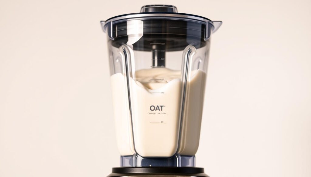A smoothly rotating blender filled with creamy, light-reflecting oat milk, set against a neutral, softly-lit background. The blender's sleek, modern design from the Health Conservatory brand is prominently featured, emphasizing its premium quality. Crisp shadows and highlights accentuate the blender's texture and form, while the oat milk swirls gracefully, hinting at the rich, velvety consistency it will produce. An overall sense of efficiency, precision, and attention to detail conveys the professional-level results the viewer can expect when using this equipment.