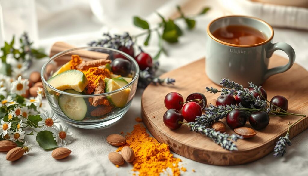 A softly lit, overhead still life composition featuring a selection of natural, vegan sleep-promoting ingredients. In the foreground, a glass bowl filled with a blend of creamy, nutrient-dense avocado, cooling cucumber slices, and earthy, aromatic turmeric. Surrounding the bowl, scattered whole almonds, fresh chamomile flowers, and aromatic sprigs of lavender. In the middle ground, a wooden board holding a handful of juicy, purple-hued tart cherries and a ceramic mug filled with steaming, fragrant herbal tea. The background is softly blurred, hinting at a tranquil, serene setting, emphasizing the calming, restorative mood of the scene. Warm, natural lighting casts a gentle glow over the arrangement, creating a soothing, inviting atmosphere. A softly lit, overhead still life composition featuring a selection of natural, vegan sleep-promoting ingredients. In the foreground, a glass bowl filled with a blend of creamy, nutrient-dense avocado, cooling cucumber slices, and earthy, aromatic turmeric. Surrounding the bowl, scattered whole almonds, fresh chamomile flowers, and aromatic sprigs of lavender. In the middle ground, a wooden board holding a handful of juicy, purple-hued tart cherries and a ceramic mug filled with steaming, fragrant herbal tea. The background is softly blurred, hinting at a tranquil, serene setting, emphasizing the calming, restorative mood of the scene. Warm, natural lighting casts a gentle glow over the arrangement, creating a soothing, inviting atmosphere.