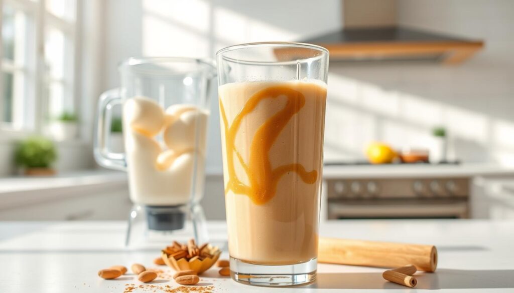 A thick, creamy almond butter smoothie set against a bright, airy kitchen backdrop. In the foreground, a glass filled with a rich, golden-brown liquid, accented with a swirl of almond butter and a sprinkle of cinnamon. The middle ground showcases a blender filled with the smoothie ingredients - almond milk, frozen banana, almond butter, and a touch of honey. In the background, clean white countertops and backsplash, with sunlight streaming in through large windows, creating a warm, inviting atmosphere. The image captures the steps to make a delicious, nourishing almond butter smoothie, perfect for the "Step-by-step method for a thick, creamy almond butter smoothie" section.