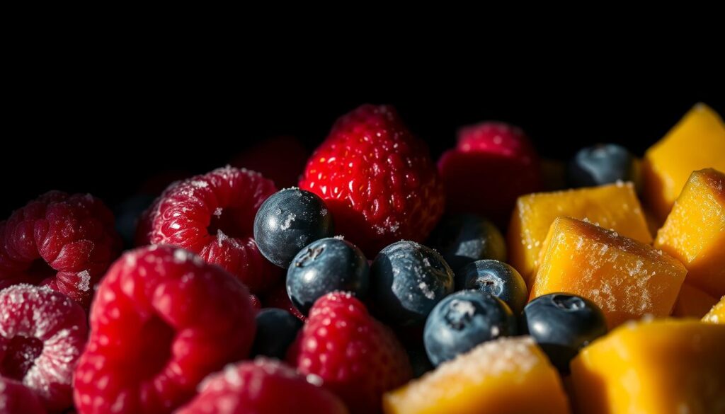 A tightly framed closeup of a variety of frozen fruit pieces, including raspberries, blueberries, strawberries, and mango chunks, arranged artfully against a dark background. The frozen fruit is captured in sharp focus, with a slight frosty, crystalline texture visible on the surface. Dramatic side lighting casts long shadows, creating a moody, evocative atmosphere that emphasizes the natural colors and shapes of the frozen produce. The overall composition conveys a sense of freshness, vibrancy, and the potential for a healthy, delicious smoothie.