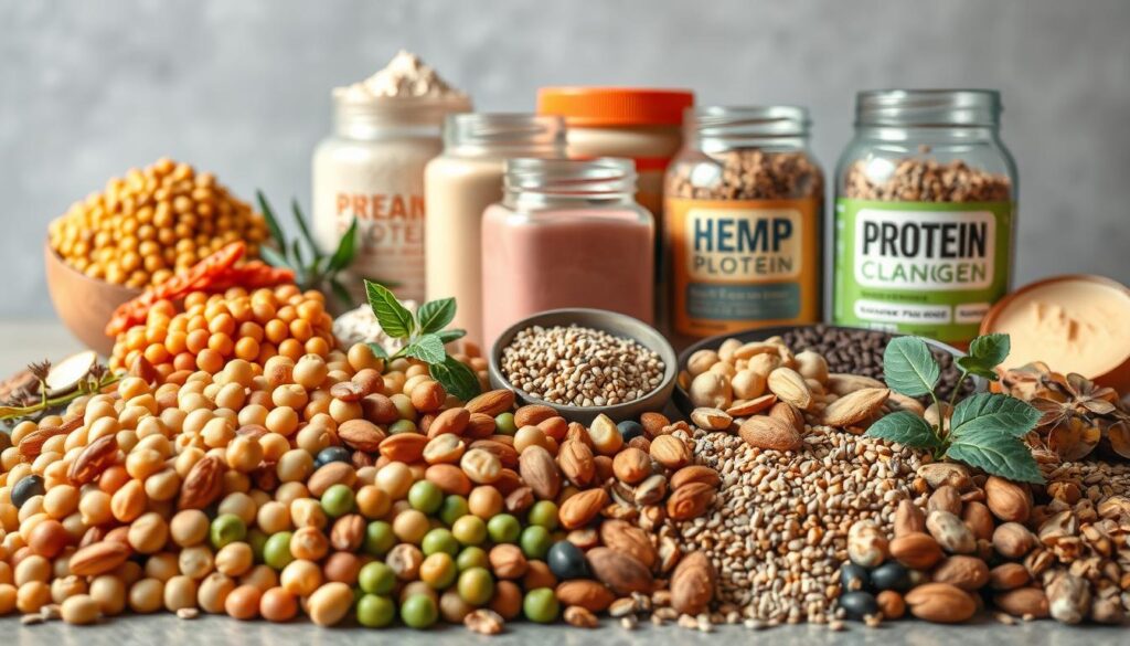 A vibrant and appetizing still life composition depicting an assortment of vegan protein sources. In the foreground, an array of colorful legumes, nuts, and seeds artfully arranged, including chickpeas, lentils, almonds, and chia seeds. In the middle ground, various plant-based protein powders, such as pea, hemp, and soy, neatly displayed in transparent jars or scoops. The background features a neutral, slightly blurred backdrop, allowing the ingredients to take center stage. The lighting is soft and natural, casting gentle shadows and highlights that accentuate the textures and colors of the items. The overall mood is one of health, vitality, and plant-based abundance, suitable for complementing collagen in a smoothie.