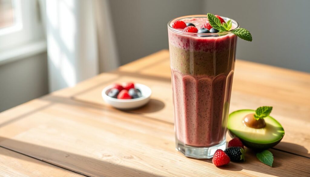 A vibrant and inviting vegan smoothie rests atop a rustic wooden table, bathed in soft, natural lighting. The smoothie, a blend of leafy greens, creamy avocado, and bright berries, is presented in a tall, transparent glass, allowing the rich, jewel-toned hues to shine. Complementing the smoothie, a small dish of sliced kiwi and a sprig of fresh mint add a touch of freshness and texture. The overall composition exudes a sense of balance, health, and tranquility, reflecting the gentle, fiber-rich nature of this reflux-friendly morning beverage. A vibrant and inviting vegan smoothie rests atop a rustic wooden table, bathed in soft, natural lighting. The smoothie, a blend of leafy greens, creamy avocado, and bright berries, is presented in a tall, transparent glass, allowing the rich, jewel-toned hues to shine. Complementing the smoothie, a small dish of sliced kiwi and a sprig of fresh mint add a touch of freshness and texture. The overall composition exudes a sense of balance, health, and tranquility, reflecting the gentle, fiber-rich nature of this reflux-friendly morning beverage.