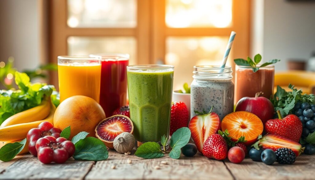 A vibrant arrangement of vegan breakfast smoothies, artfully captured in a natural light-filled setting. In the foreground, an assortment of vibrant, fresh fruits and leafy greens are blended into thick, creamy smoothies, their vivid colors and textures inviting the viewer to take a sip. In the middle ground, a rustic wooden table serves as the backdrop, with a few scattered ingredients and a simple glass jar filled with a nutritious chia seed pudding. The background features a softly blurred, sun-dappled window, allowing natural light to bathe the scene in a warm, golden glow, creating a cozy, inviting atmosphere.