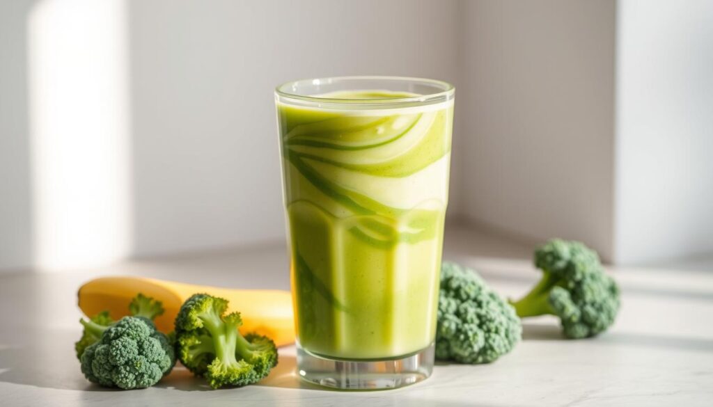 A vibrant, creamy green broccoli smoothie swirls in a glass, its thick, luscious texture inviting a sip. The broccoli florets are perfectly blended, their earthy flavor balanced by the sweetness of ripe banana and a hint of vanilla. Soft natural light illuminates the drink, casting a warm, appetizing glow. The glass is positioned on a sleek, minimalist countertop, framed by a clean, modern background that emphasizes the smoothie's fresh, healthy appeal. The composition is shot from a slight overhead angle, highlighting the smoothie's alluring color and creamy consistency. This image perfectly captures the essence of a broccoli smoothie that masks the vegetable's flavor, allowing its nutritional benefits to shine through.