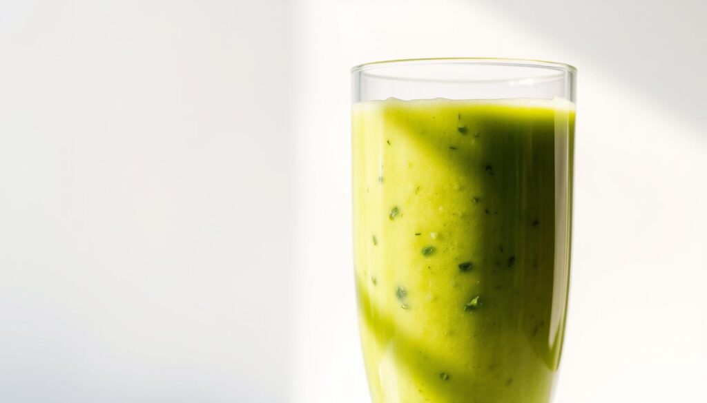 A vibrant, freshly blended broccoli smoothie fills the frame, its rich green hue radiating against a simple white background. The smooth, creamy texture is evident, with small flecks of green broccoli florets visible throughout. Sunlight streams in from the side, casting a warm, natural glow and gentle shadows that accentuate the drink's inviting appearance. The glass vessel is sleek and minimalist, allowing the focus to remain on the nutrient-dense contents. The overall scene conveys a sense of health, wellness, and the effortless preparation of a nourishing broccoli-based smoothie, ideal for the "Tools to Help You Make Broccoli Smoothies Every Day" section.