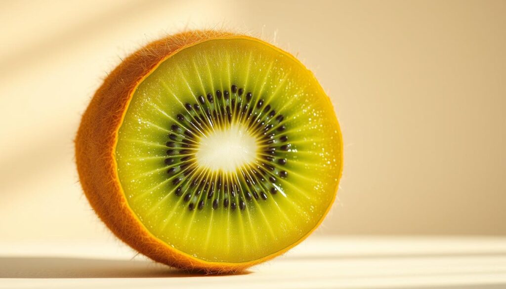 A vibrant, high-resolution image of a kiwi fruit, shown in close-up against a softly blurred, light-colored background. The kiwi's fuzzy, brown exterior is carefully peeled away, revealing the bright green flesh and tiny black seeds. The lighting is warm and natural, casting gentle shadows that accentuate the fruit's intricate textures and juicy, luscious appearance. The overall composition is balanced and visually appealing, inviting the viewer to imagine the smooth, refreshing taste of the kiwi as part of a healthy smoothie.