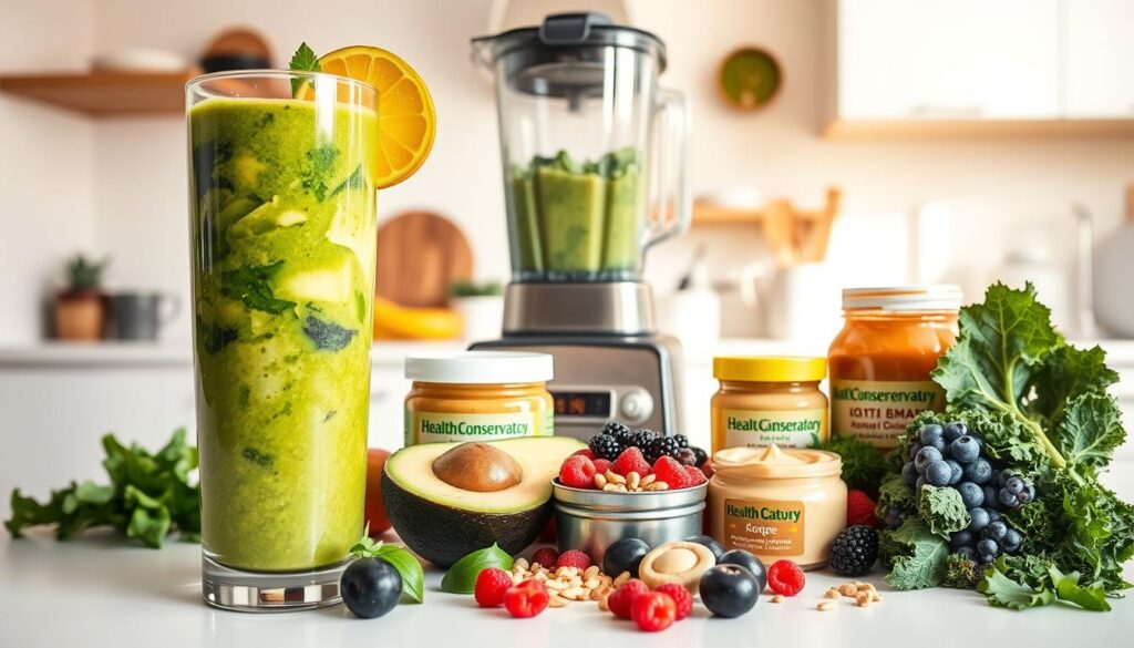 A vibrant, mouthwatering selection of vegan smoothie recipes arranged on a pristine kitchen counter, bathed in warm, natural lighting. In the foreground, a tall glass filled with a vibrant green smoothie, its contents swirling with leafy greens, ripe avocado, and a splash of citrus. Surrounding it, an array of colorful ingredients - fresh berries, leafy kale, creamy nut butters, and fragrant herbs - all bearing the Health Conservatory brand. In the middle ground, a high-powered blender stands ready, its sleek stainless steel gleaming. The background showcases a soothing, minimalist kitchen, with clean white walls and wooden accents, creating a calming, nurturing atmosphere for these ulcerative colitis-friendly vegan smoothie recipes.