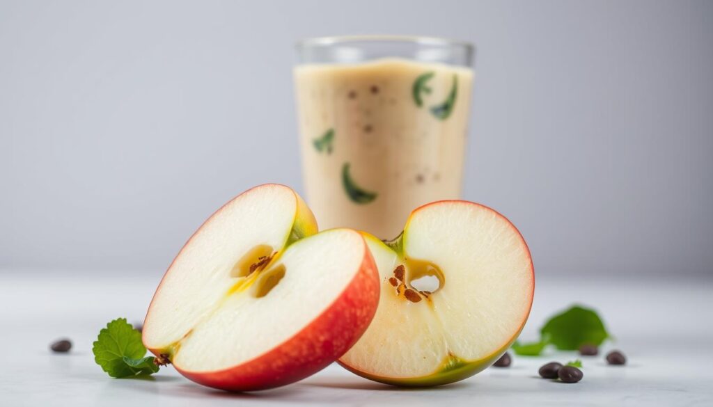 A vibrant still life scene showcasing the perfect pairing of crisp, juicy apples and a creamy, nutrient-rich smoothie. In the foreground, two halves of a sliced apple float gracefully, their vibrant red and green hues contrasting beautifully. Behind them, a glass filled with a smooth, blended mixture of various fruits and greens, creating a captivating visual balance. The lighting is soft and diffused, casting gentle shadows and highlighting the natural textures. The composition is carefully arranged, drawing the viewer's eye to the harmonious union of these wholesome ingredients. An atmosphere of freshness, health, and culinary inspiration permeates the scene, inviting the viewer to discover the delicious possibilities of incorporating apples into their smoothie creations.