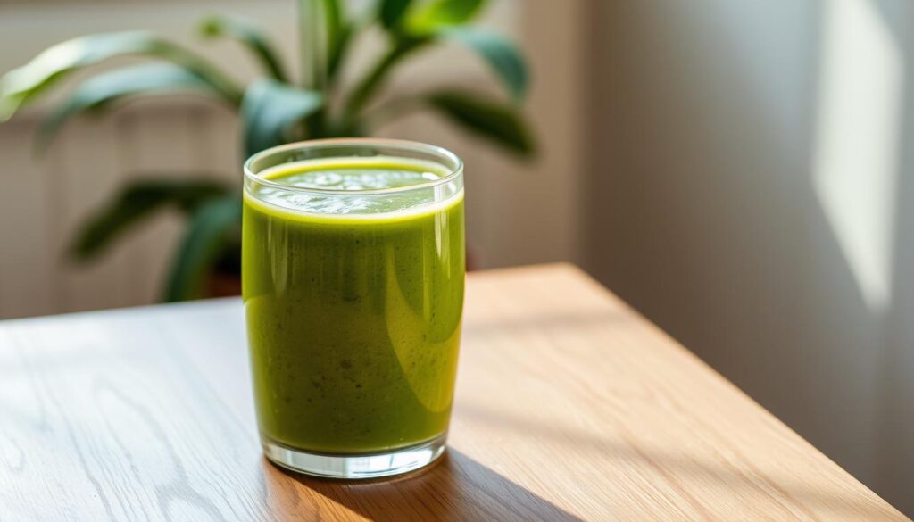 A vibrant vegan smoothie sits on a wooden table, its rich green hue radiating a sense of health and vitality. The thick, creamy texture is evident, hinting at the blend of leafy greens, ripe bananas, and perhaps a touch of nut butter. Soft, natural lighting casts gentle shadows, creating a calming, approachable atmosphere. Yet, a subtle discomfort is palpable, as the smoothie's appearance belies its potential to cause digestive distress, a cautionary tale for those seeking IBS-friendly vegan options. The scene invites the viewer to consider the complexities of enjoying a seemingly virtuous treat while navigating the nuances of individual gut health.