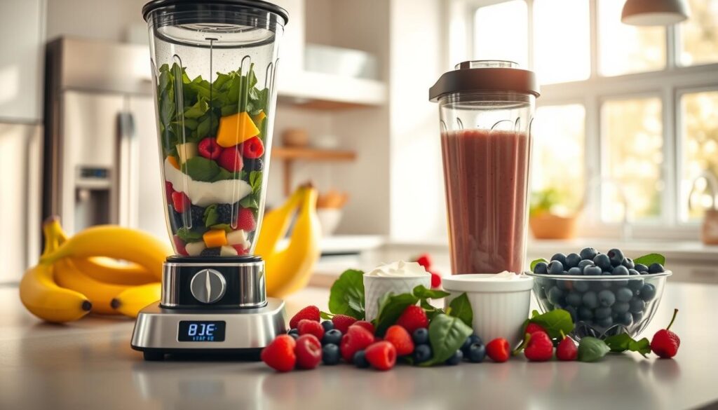 A vibrant, well-lit kitchen counter, showcasing various blending techniques for creating the perfect smoothie. In the foreground, a high-speed blender pulverizes a blend of colorful fruits, leafy greens, and yogurt, creating a creamy, nutritious liquid. In the middle ground, a selection of whole ingredients - bananas, berries, spinach, and Greek yogurt - stand ready to be incorporated. The background features a sleek, modern kitchen setting with stainless steel appliances and natural light streaming in through large windows, conveying a sense of freshness and health. The overall mood is one of culinary expertise, efficiency, and a commitment to blending nutritious, delicious smoothies.