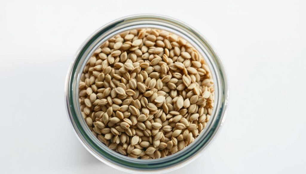 A well-lit, close-up view of a clear glass jar or container filled with raw, whole hemp seeds. The container is set against a clean, minimalist background, perhaps a plain white or light-colored surface. The lighting is soft and diffused, highlighting the natural texture and color of the hemp seeds. The camera angle is slightly elevated, capturing the contents of the jar from an overhead perspective. The overall mood is one of simplicity, freshness, and organization - conveying the idea of thoughtful, efficient meal-prep and storage for hemp-based smoothies or other recipes.