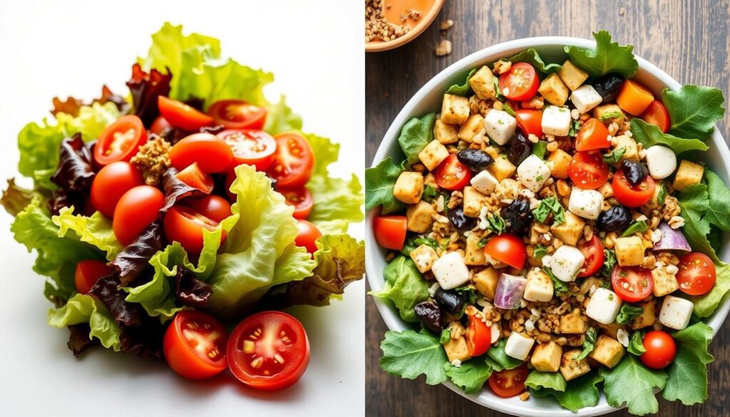 Before and after comparison of basic vs gourmet vegan salad