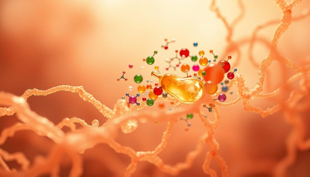 Collagen absorption nutrients - a captivating cross-section view revealing the intricate process of nutrient intake and utilization by collagen fibers. In the foreground, translucent collagen fibrils gracefully intertwine, their delicate structures bathed in warm, diffused lighting, inviting the viewer to witness the delicate dance of nutrients being absorbed. The middle ground showcases a vibrant array of essential vitamins, minerals, and amino acids, each represented by their distinctive molecular shapes, converging upon the collagen network. The background subtly fades into a soft, ethereal gradient, creating a sense of depth and emphasizing the vital importance of this fundamental biological process. Captured through a macro lens, this image aims to inspire awe and wonder at the hidden marvels of the human body.