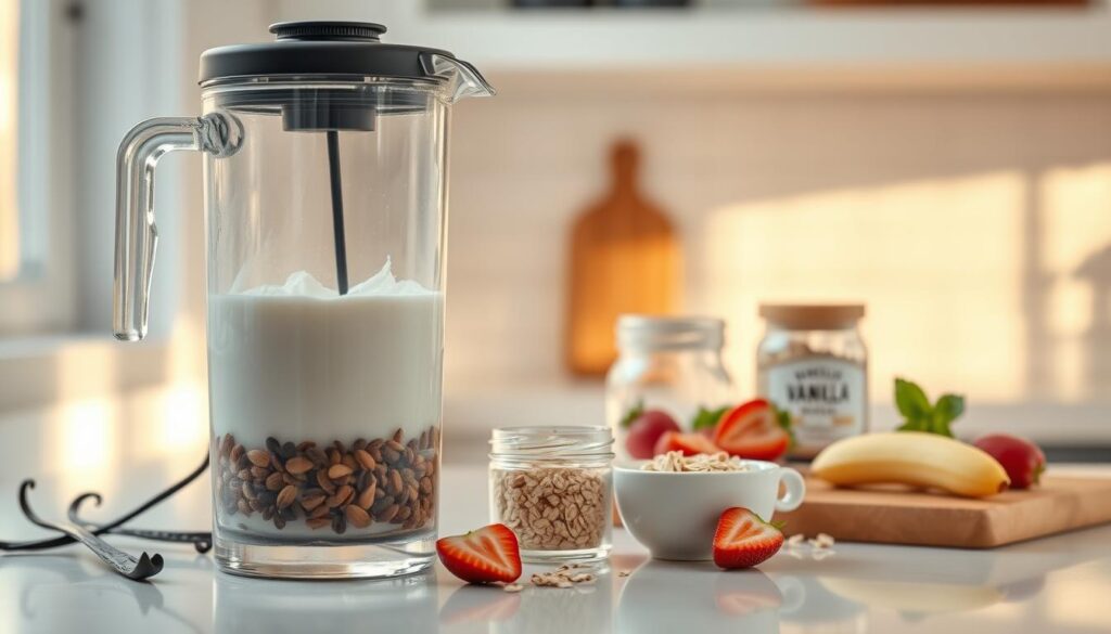 Crisp, well-lit countertop scene showcasing an array of vegan ingredients for a vanilla-forward smoothie. In the foreground, a glass blender filled with vanilla bean seeds, almond milk, frozen banana chunks, and a drizzle of vanilla extract. Surrounding the blender, a selection of supporting elements: a fresh vanilla bean pod, a small ceramic bowl of rolled oats, and a jar of vanilla-infused maple syrup. In the middle ground, a wooden cutting board with sliced strawberries and a sprig of fresh mint. The background features a light, airy window with warm, golden lighting, casting a soft glow over the entire composition.