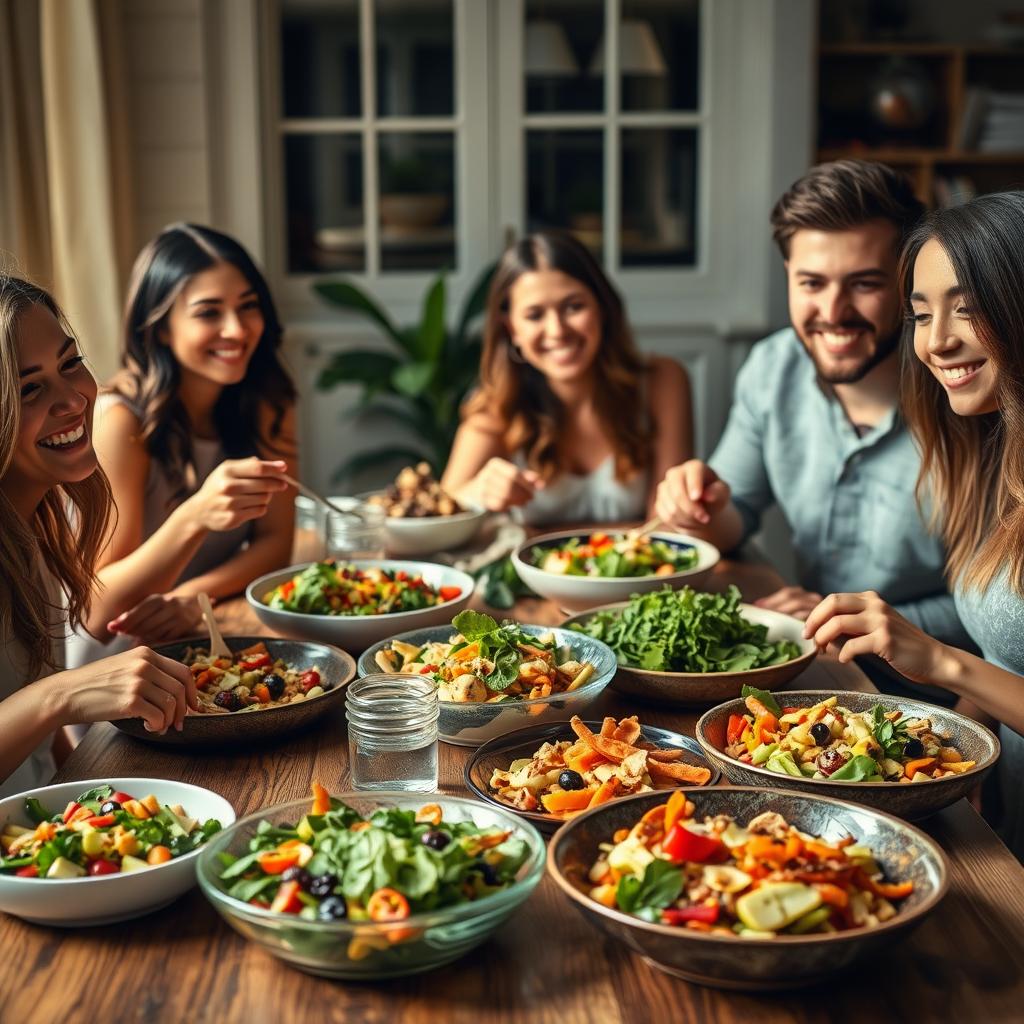 Family enjoying vegan salads together