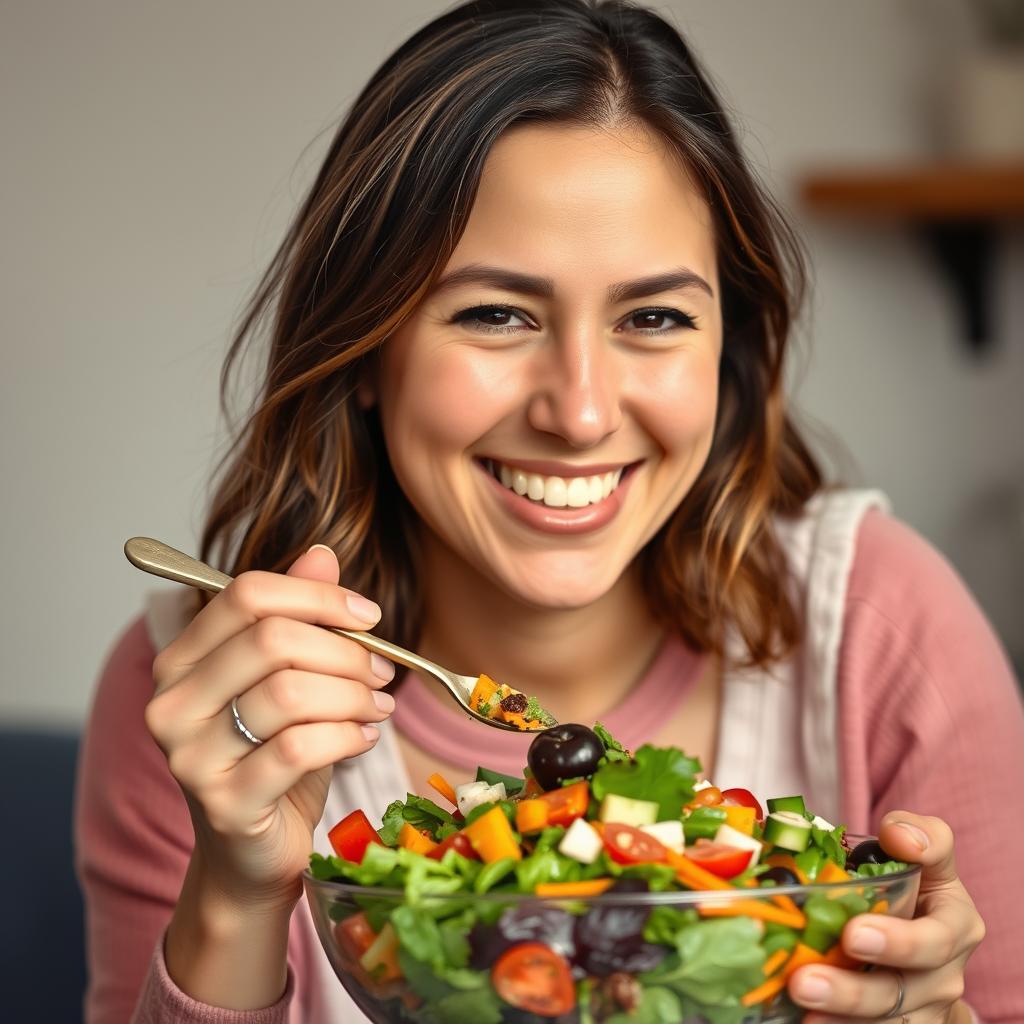 Happy customer enjoying a vegan salad