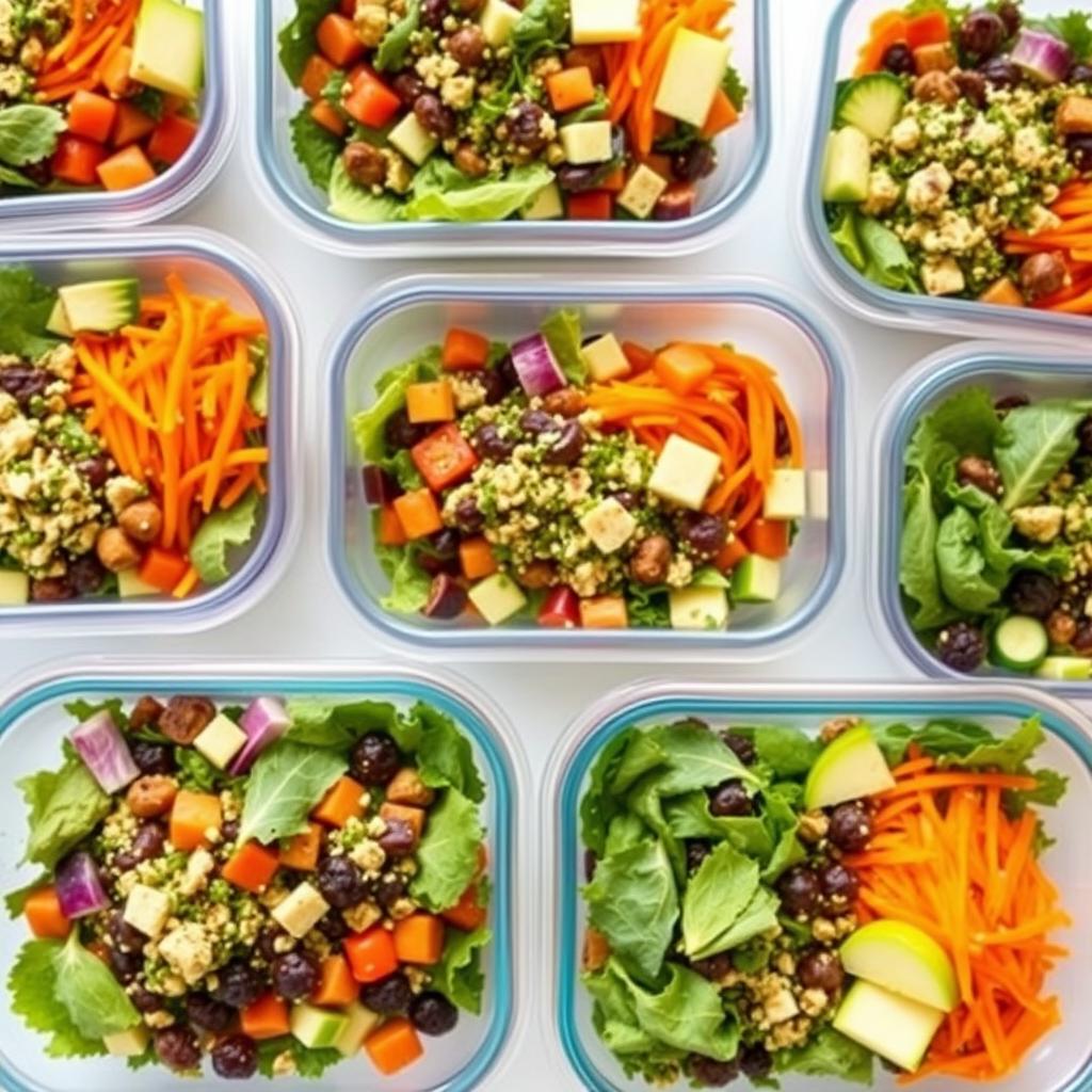 Meal prep containers with various vegan salads