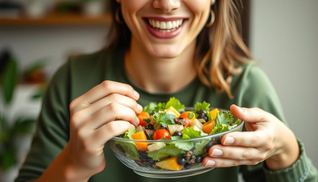 Person enjoying a colorful vegan salad with satisfaction