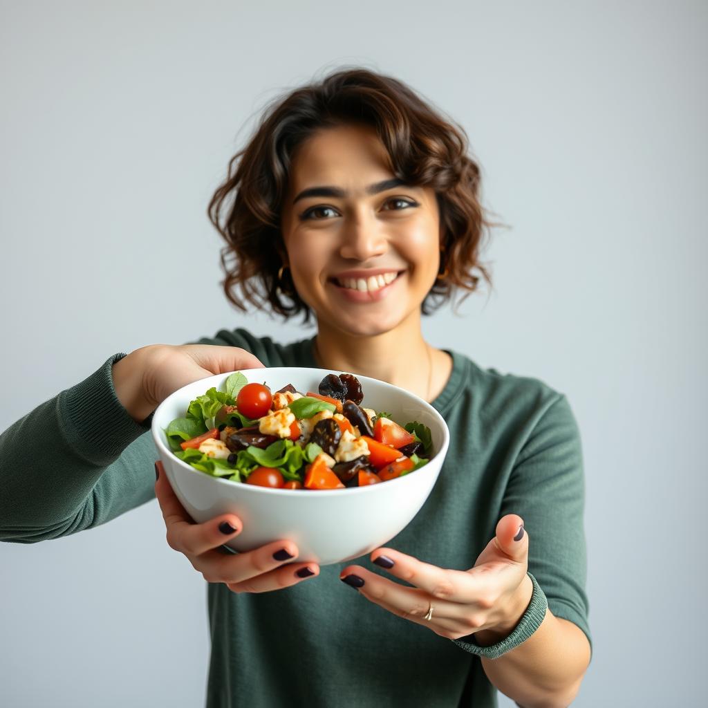 Person showing satisfaction after eating filling vegan salad