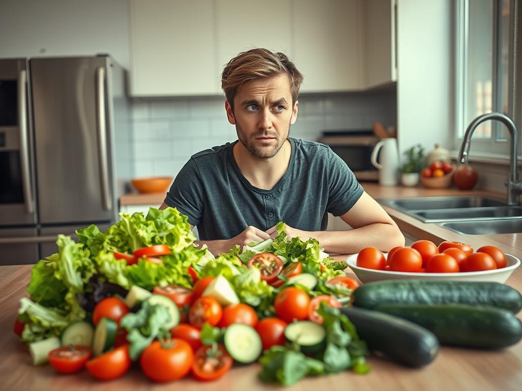 Person struggling with basic salad ingredients in kitchen