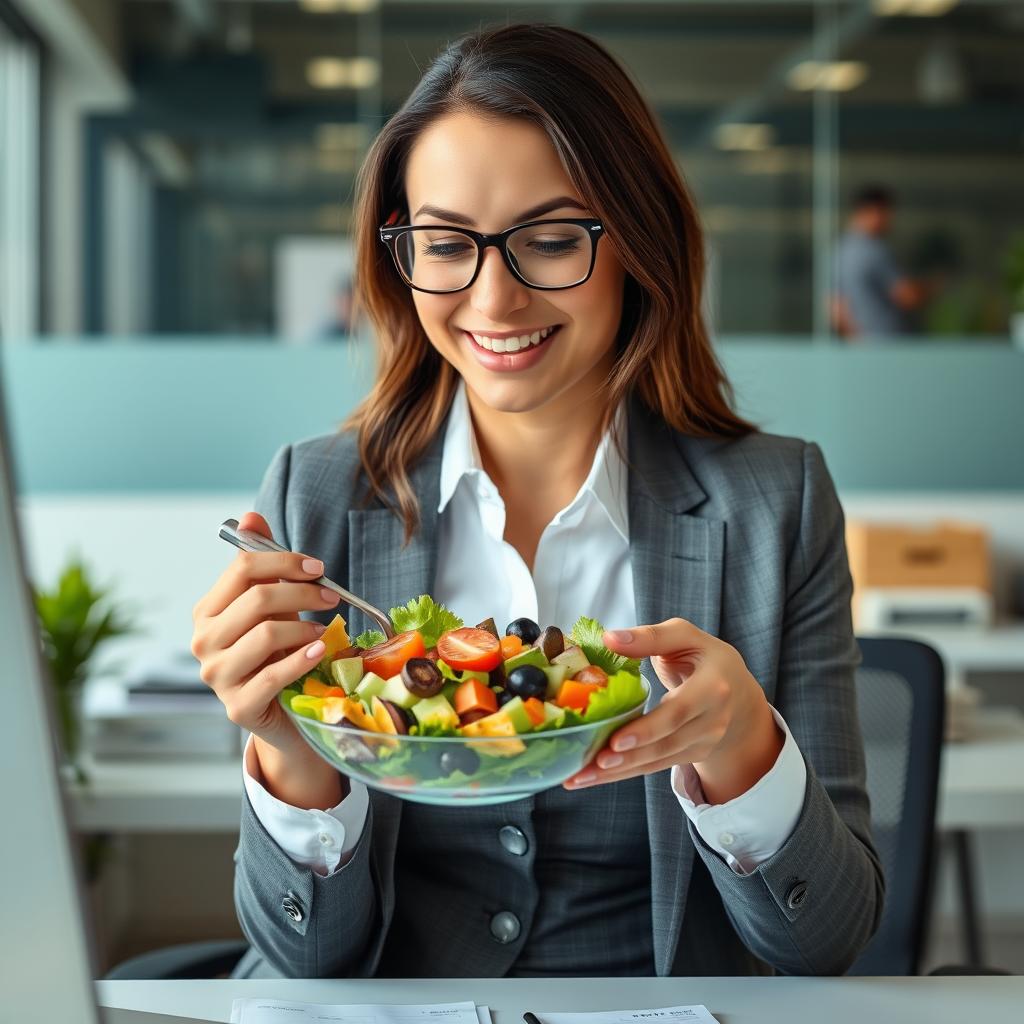 Professional enjoying quick vegan lunch at desk