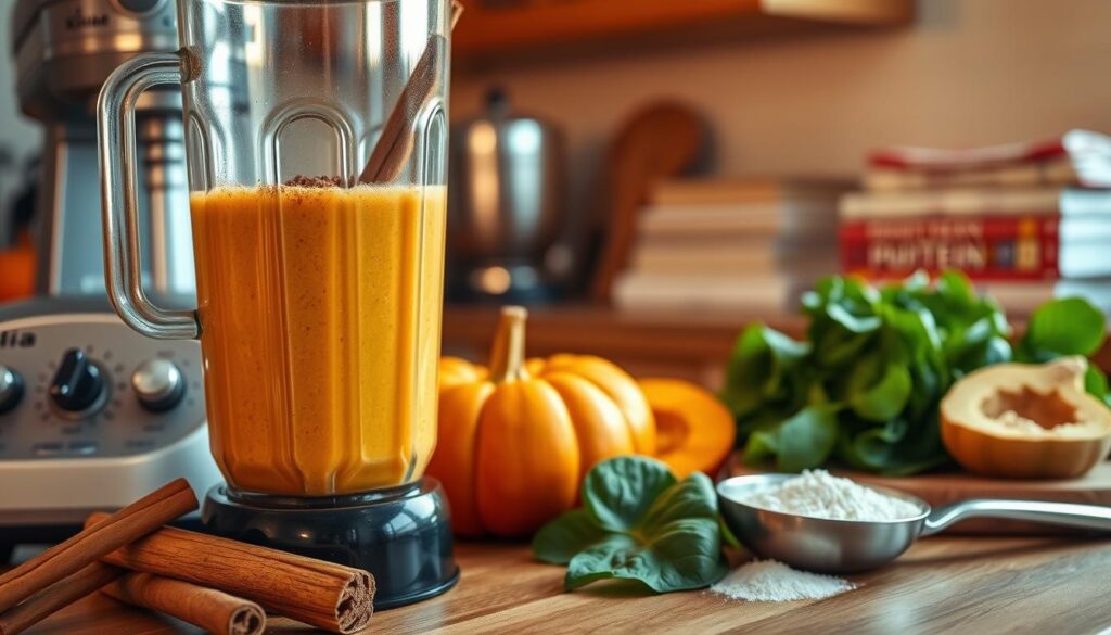 Pumpkin smoothie troubleshooting: A vibrant still life scene, captured in a warm, golden light. In the foreground, a glass blender jar filled with a rich, creamy pumpkin smoothie, garnished with a cinnamon stick and a sprinkle of nutmeg. On the blender's control panel, a variety of knobs and buttons, suggesting the process of fine-tuning the recipe. In the middle ground, an array of pumpkin slices, a handful of fresh spinach leaves, and a scoop of protein powder, hinting at the ingredients that may have been used. The background features a cozy kitchen counter, with a vintage-style mixer and a stack of cookbooks, creating a sense of domestic expertise and culinary exploration.