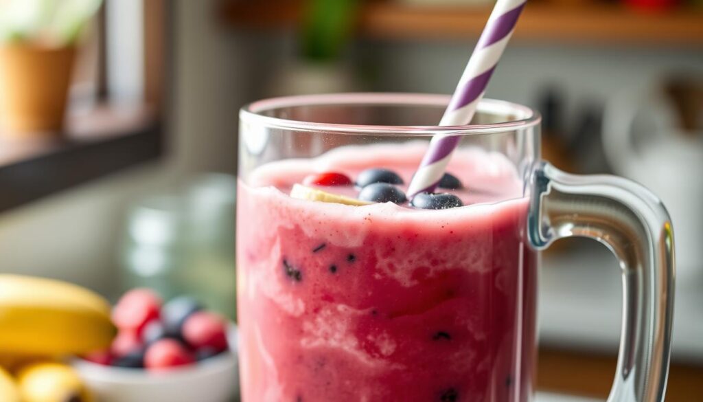 Vibrant and luscious fruit smoothie, freshly blended in a Health Conservatory kitchen. A captivating swirl of ripe berries, bananas, and other seasonal fruits, artfully captured in a glass pitcher. Soft, creamy texture with hints of sweetness, illuminated by gentle natural lighting from a nearby window. The smoothie appears smooth and inviting, a perfect balance of flavors that would delight the senses. A straw gently dips into the frothy surface, inviting the viewer to take a refreshing sip. The background is subtly blurred, allowing the smoothie to be the central focus, a tempting representation of the "Dialing In Texture, Flavor, and Sweetness" section of the article.