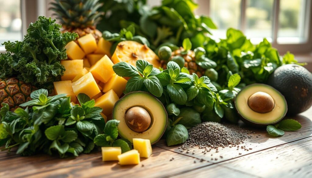 Vibrant array of seasonal green smoothie ingredients, artfully arranged on a rustic wooden table. Crisp kale, nutrient-dense spinach, and fresh mint leaves mingle with juicy pineapple chunks, ripe avocado slices, and a scattering of chia seeds. Dappled sunlight filters through a window, casting a warm glow over the scene. The composition emphasizes the natural textures and colors, creating a visually appealing and appetizing display. Soft focus in the background, drawing the viewer's attention to the nourishing, vibrant ingredients at the forefront.