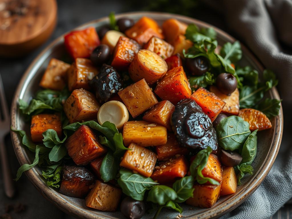 Warm winter vegan salad with roasted vegetables