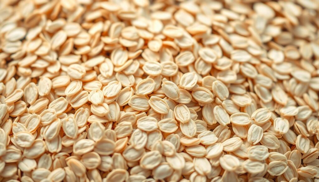 a closeup textural photograph of a pile of rolled oats, shot with a macro lens under soft, diffused natural lighting to capture the intricate patterns, grooves, and subtle variations in color and shading across the uneven surface of the oat flakes. The lighting should create a warm, cozy atmosphere that evokes the comforting, wholesome feel of oats. The depth of field should be shallow to keep the focus on the close-up details and create a pleasing, slightly blurred background. The composition should fill the frame with the oat texture, highlighting its tactile, artisanal quality.