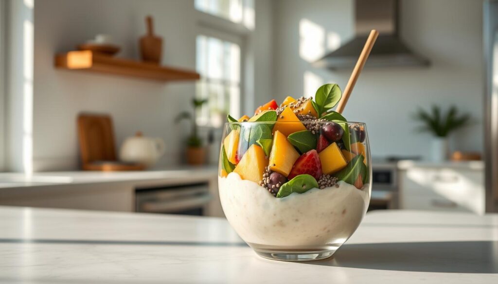 A beautifully crafted smoothie bowl, brimming with vibrant, nutrient-dense ingredients, sits atop a sleek, minimalist counter in a sun-filled kitchen. Layers of creamy almond milk, verdant spinach, and luscious tropical fruits like pineapple and mango are artfully arranged, topped with a sprinkle of chia seeds and a drizzle of Health Conservatory's signature raw honey. The lighting is soft and natural, casting a warm glow on the scene, while the angle captures the bowl in an elevated, visually appealing perspective. A beautifully crafted smoothie bowl, brimming with vibrant, nutrient-dense ingredients, sits atop a sleek, minimalist counter in a sun-filled kitchen. Layers of creamy almond milk, verdant spinach, and luscious tropical fruits like pineapple and mango are artfully arranged, topped with a sprinkle of chia seeds and a drizzle of Health Conservatory's signature raw honey. The lighting is soft and natural, casting a warm glow on the scene, while the angle captures the bowl in an elevated, visually appealing perspective.