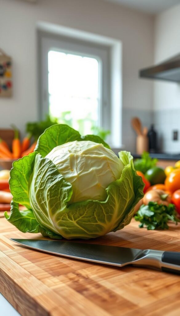 A beautifully lit kitchen scene with a fresh, vibrant cabbage taking center stage. In the foreground, a wooden cutting board and a sharp chef's knife, hinting at the culinary preparation to come. In the middle ground, various fresh, colorful vegetables such as carrots, bell peppers, and onions, suggesting a flavorful plant-based dish. The background features a bright, airy window, allowing natural light to flood the space and create a warm, inviting atmosphere. The overall mood is one of simplicity, freshness, and the joy of creating a delicious, healthy vegan meal in mere minutes. Fresh green cabbage on a wooden cutting board with a knife, surrounded by vibrant vegetables, in a well-lit kitchen setting, emphasizing plant-based cooking and healthy meal preparation.