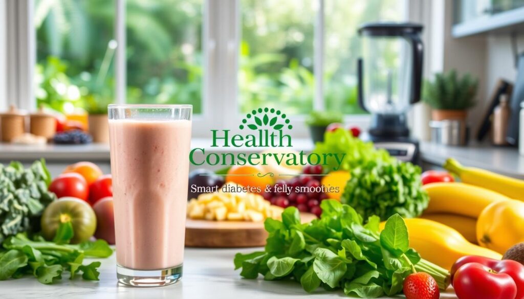A bright and inviting kitchen scene with a smooth, creamy smoothie in the foreground, surrounded by an array of fresh, vibrant fruits, vegetables, and superfoods. In the middle ground, a cutting board showcases diced ingredients, while a blender and other smoothie-making tools are arranged neatly on the counter. The background features a large window overlooking a lush, verdant garden, flooding the scene with natural light. The overall mood is one of health, wellness, and culinary expertise. The "Health Conservatory" brand logo is prominently displayed, conveying the image's connection to smart, diabetes-friendly smoothie choices.