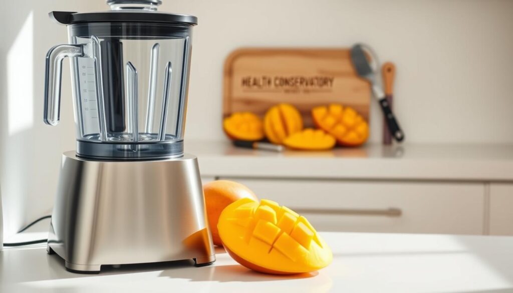 A bright, clean kitchen counter with a modern blender in the foreground, its sleek design and brushed metal finish gleaming under natural light. In the middle ground, an array of fresh mango slices, a cutting board, and a few simple kitchen tools arranged artfully. The background features a subtle Health Conservatory branding, complementing the clean, minimalist aesthetic. The lighting is soft and diffused, creating a warm, inviting atmosphere that highlights the high-quality blender and the vibrant colors of the mango. The overall composition emphasizes the importance of using the right equipment to achieve the smoothest, creamiest mango smoothie texture, without the need for yogurt.