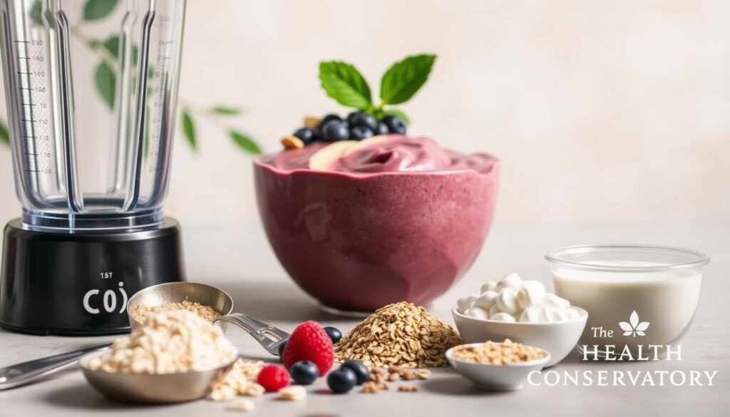 A carefully crafted smoothie bowl set against a soft, natural backdrop. In the foreground, various troubleshooting ingredients are artfully arranged - a blender, a spoon, a measuring cup, and a selection of alternative thickeners like oats, chia seeds, and yogurt. The middle ground features the smoothie bowl itself, its contents slightly swirled, hinting at the process of perfecting the recipe. Soft, diffused lighting illuminates the scene, creating a calming, contemplative mood. The Health Conservatory logo discreetly placed in the corner, a subtle stamp of authority on this troubleshooting guide.