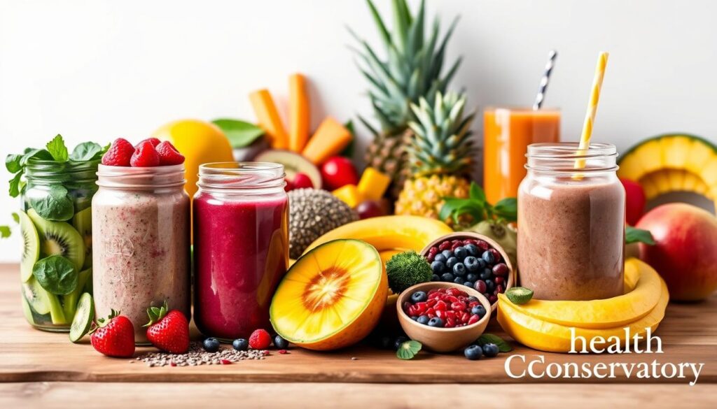 A close-up photograph of a variety of colorful and vibrant smoothie recipes displayed on a wooden table against a clean white background. In the foreground, there are several tall glass jars filled with different smoothie concoctions, such as a green smoothie with spinach and kiwi, a berry smoothie with raspberries and blueberries, and a tropical smoothie with mango and pineapple. In the middle ground, there are various fresh fruits, vegetables, and superfoods like chia seeds, hemp hearts, and goji berries, arranged in an artful, appetizing manner. The lighting is soft and natural, highlighting the textures and vibrant colors of the ingredients. The overall mood is one of health, wellness, and a desire to create delicious, nutritious vegan smoothie recipes. In the bottom right corner, the "Health Conservatory" brand name is subtly displayed. A close-up photograph of a variety of colorful and vibrant smoothie recipes displayed on a wooden table against a clean white background. In the foreground, there are several tall glass jars filled with different smoothie concoctions, such as a green smoothie with spinach and kiwi, a berry smoothie with raspberries and blueberries, and a tropical smoothie with mango and pineapple. In the middle ground, there are various fresh fruits, vegetables, and superfoods like chia seeds, hemp hearts, and goji berries, arranged in an artful, appetizing manner. The lighting is soft and natural, highlighting the textures and vibrant colors of the ingredients. The overall mood is one of health, wellness, and a desire to create delicious, nutritious vegan smoothie recipes. In the bottom right corner, the "Health Conservatory" brand name is subtly displayed.