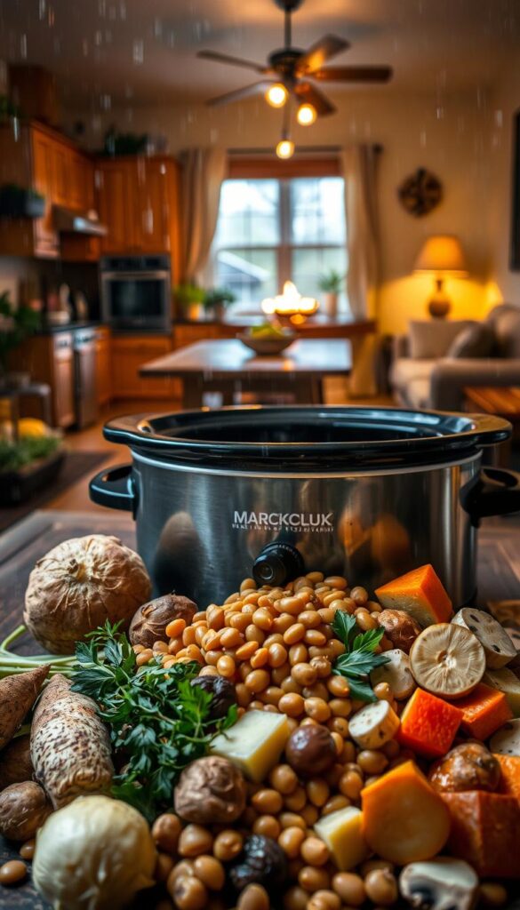 Cozy vegan slow cooker scene with a variety of fresh vegetables, legumes, and herbs arranged around a black crockpot, set in a warm kitchen with rainy ambiance.