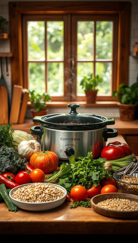 A cozy kitchen scene with a slow cooker in the center, steam gently rising from the lid. Surrounding it, an assortment of fresh vegetables, herbs, and whole grains, ready to be transformed into nourishing vegan dishes. Warm, diffused lighting casts a welcoming glow, while the countertop is adorned with a simple, rustic charm. In the background, a window overlooking a lush, verdant garden, hinting at the wholesome, plant-based ingredients to come. The atmosphere is one of simplicity, comfort, and the promise of satisfying, easy-to-prepare meals. A cozy kitchen scene with a slow cooker in the center, steam gently rising from the lid. Surrounding it, an assortment of fresh vegetables, herbs, and whole grains, ready to be transformed into nourishing vegan dishes. Warm, diffused lighting casts a welcoming glow, while the countertop is adorned with a simple, rustic charm. In the background, a window overlooking a lush, verdant garden, hinting at the wholesome, plant-based ingredients to come. The atmosphere is one of simplicity, comfort, and the promise of satisfying, easy-to-prepare meals.