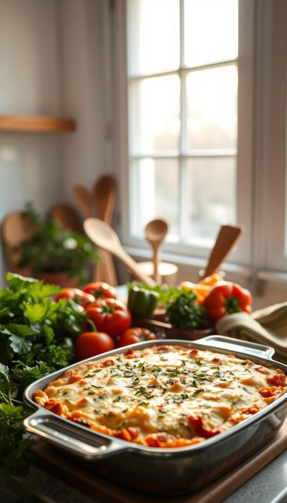 A cozy kitchen setting, bathed in warm, natural lighting from a large window. In the foreground, a simple, wholesome vegan casserole dish, freshly baked, steaming with aromatic herbs and vegetables. Surrounding it, an array of fresh produce, including leafy greens, vibrant tomatoes, and a variety of colorful bell peppers. In the middle ground, a set of clean, rustic kitchen utensils, conveying the ease of preparation. In the background, a minimalist, Scandinavian-inspired interior, with clean lines and natural wood accents, creating a relaxing, inviting atmosphere. The overall scene exudes simplicity, nourishment, and the effortless joy of homemade, plant-based cooking. Vegan casserole dish in a cozy kitchen setting, surrounded by fresh vegetables like tomatoes and bell peppers, with warm natural lighting from a large window, emphasizing meal prep and plant-based cooking.