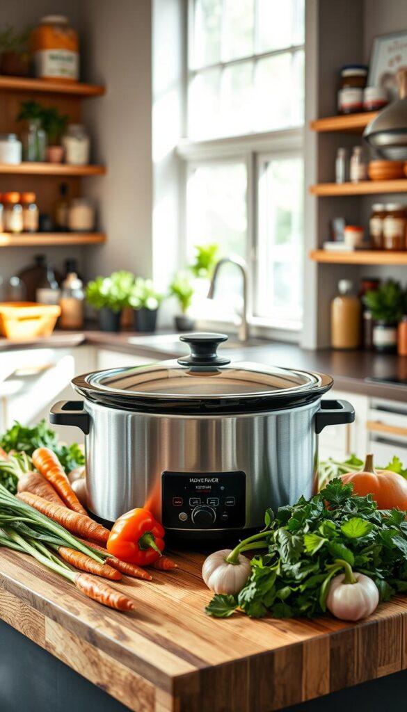 A cozy, modern kitchen with a sleek stainless steel slow cooker taking center stage. Placed on a wooden butcher block counter, the slow cooker is surrounded by an array of fresh, vibrant vegetables - carrots, bell peppers, onions, and leafy greens. Natural light streams in through large windows, casting a warm, inviting glow over the scene. In the background, shelves display a variety of herbs, spices, and other vegan pantry staples. The overall atmosphere is one of simplicity, comfort, and a dedication to plant-based, wholesome cooking. A cozy, modern kitchen with a sleek stainless steel slow cooker taking center stage. Placed on a wooden butcher block counter, the slow cooker is surrounded by an array of fresh, vibrant vegetables - carrots, bell peppers, onions, and leafy greens. Natural light streams in through large windows, casting a warm, inviting glow over the scene. In the background, shelves display a variety of herbs, spices, and other vegan pantry staples. The overall atmosphere is one of simplicity, comfort, and a dedication to plant-based, wholesome cooking.