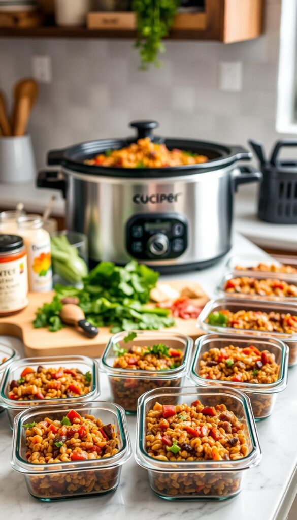 A cozy, well-lit kitchen with a slow cooker taking center stage. The slow cooker is filled with an array of fresh vegetables, hearty grains, and aromatic spices, gently simmering to perfection. In the foreground, various meal prep containers are neatly arranged, showcasing the perfectly portioned servings of the slow-cooked vegan dish. The middle ground features a cutting board with fresh herbs, chopped ingredients, and a variety of vegan-friendly condiments, suggesting the ease of assembling these nutritious and flavorful meals. The background is softly blurred, highlighting the focus on the slow cooker and the prepared meals, conveying a sense of efficiency and organization for busy weeknights and meal prep. A cozy, well-lit kitchen with a slow cooker taking center stage. The slow cooker is filled with an array of fresh vegetables, hearty grains, and aromatic spices, gently simmering to perfection. In the foreground, various meal prep containers are neatly arranged, showcasing the perfectly portioned servings of the slow-cooked vegan dish. The middle ground features a cutting board with fresh herbs, chopped ingredients, and a variety of vegan-friendly condiments, suggesting the ease of assembling these nutritious and flavorful meals. The background is softly blurred, highlighting the focus on the slow cooker and the prepared meals, conveying a sense of efficiency and organization for busy weeknights and meal prep.