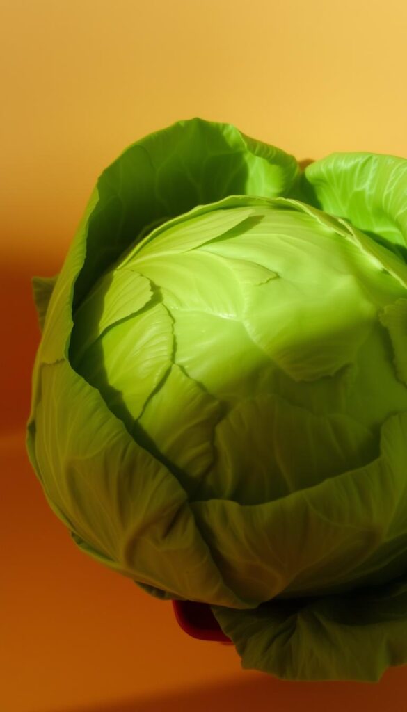 A crisp, vibrant head of green cabbage, its densely packed leaves glistening with a subtle waxy sheen, nestled against a plain, warm-toned background. The cabbage is illuminated from the side, casting soft shadows that accentuate its intricate textures and ridges. The lighting is natural, with a soft, diffused quality that evokes a wholesome, nourishing atmosphere. The composition is simple yet elegant, drawing the viewer's attention to the nutrient-rich vegetable as the central focus. The overall mood is one of health, simplicity, and the bounty of nature. Fresh, vibrant green cabbage with densely packed leaves, showcasing its nutritional appeal for plant-based cooking.