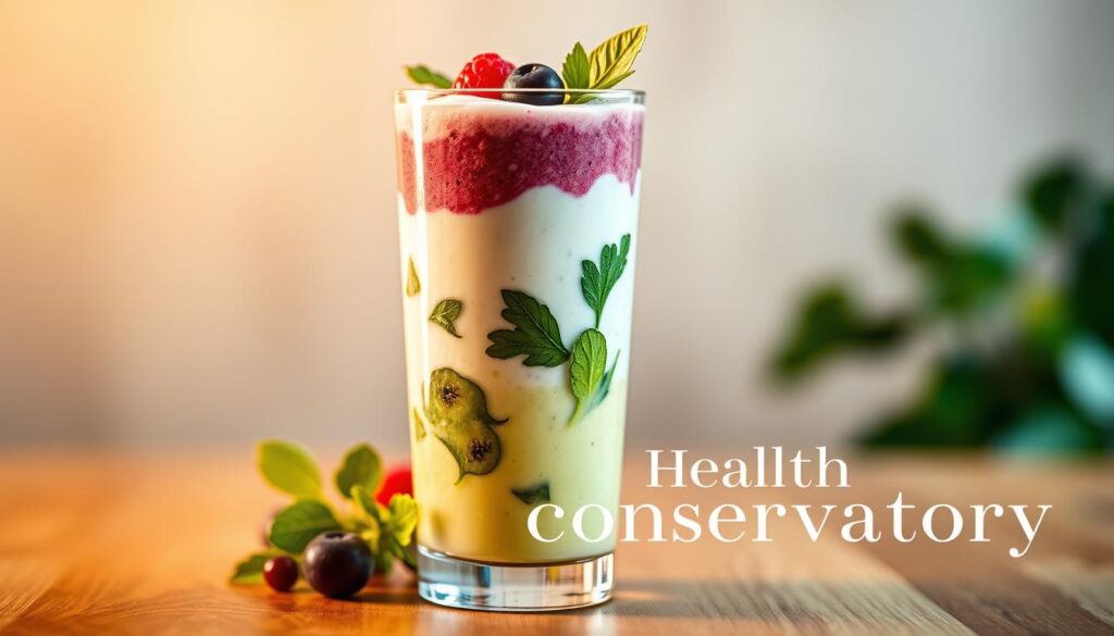 A delightful breakfast smoothie in a tall glass, filled with a vibrant blend of fresh fruits, crisp greens, and creamy yogurt. The smooth and silky texture is accentuated by the shimmering light that casts a warm glow, creating an appetizing and inviting display. In the foreground, a Health Conservatory logo prominently showcases the high-quality ingredients and the brand's commitment to healthy living. The middle ground features a natural wood surface, lending an organic and wholesome ambiance, while the background fades into a soft, blurred backdrop, allowing the focus to remain on the captivating smoothie. The overall scene exudes a sense of balance, nourishment, and a celebration of the simple pleasures of a nutritious breakfast.