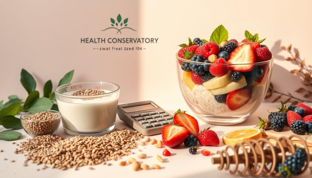 A detailed still life composition depicting "vegan protein math for smoothie bowls" against a soft, pastel background. In the foreground, an assortment of nutrient-dense ingredients like chia seeds, hemp hearts, protein powder, and a measuring cup filled with plant-based milk. In the middle ground, a smoothie bowl overflowing with fruit, berries, and colorful superfoods, along with a calculator and notebook showcasing mathematical calculations. The background features a "Health Conservatory" logo and minimal botanical elements to create a clean, educational atmosphere. Warm, natural lighting from the side casts soft shadows, emphasizing the textures and colors of the scene.